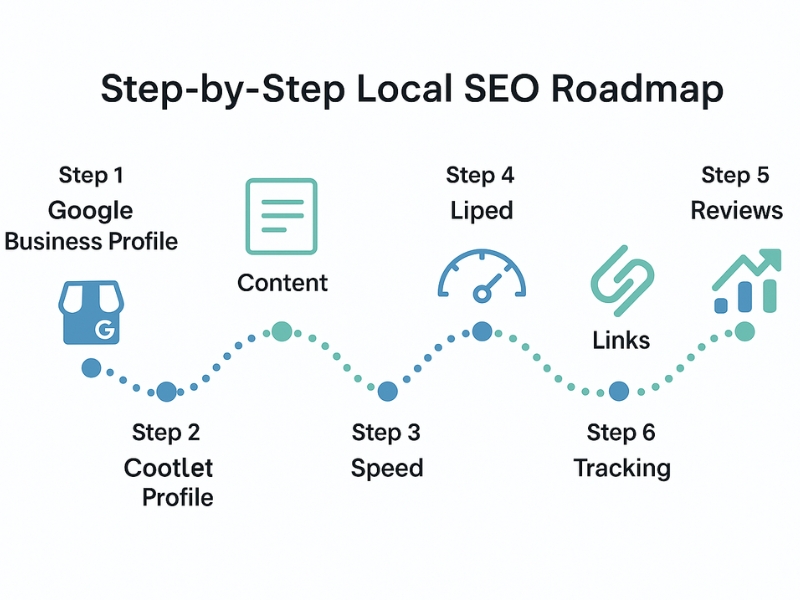 Schritt-für-Schritt-SEO-Roadmap mit Google Business Profile, Inhalten, Bewertungen und Tracking-Symbolen Schritt für Schritt