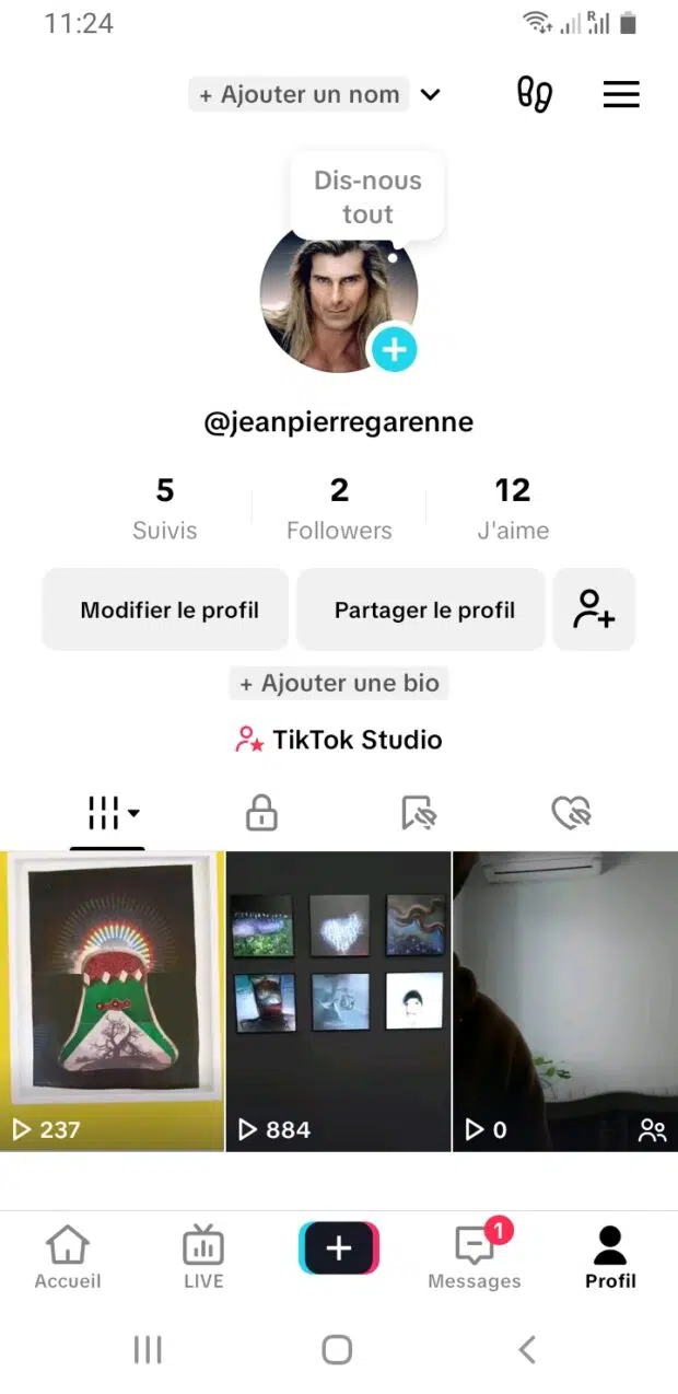 Bouton Profil du Compte Tiktok en haut à droite