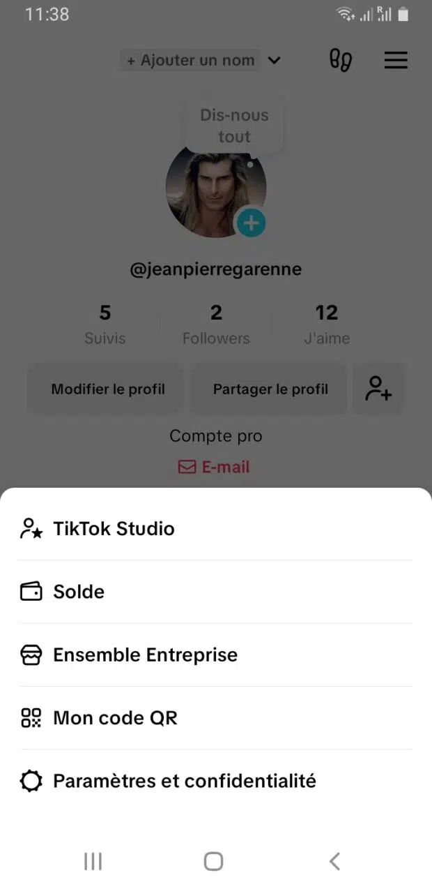 Menü en haut à droite et Sélection de Ensemble Unternehmer