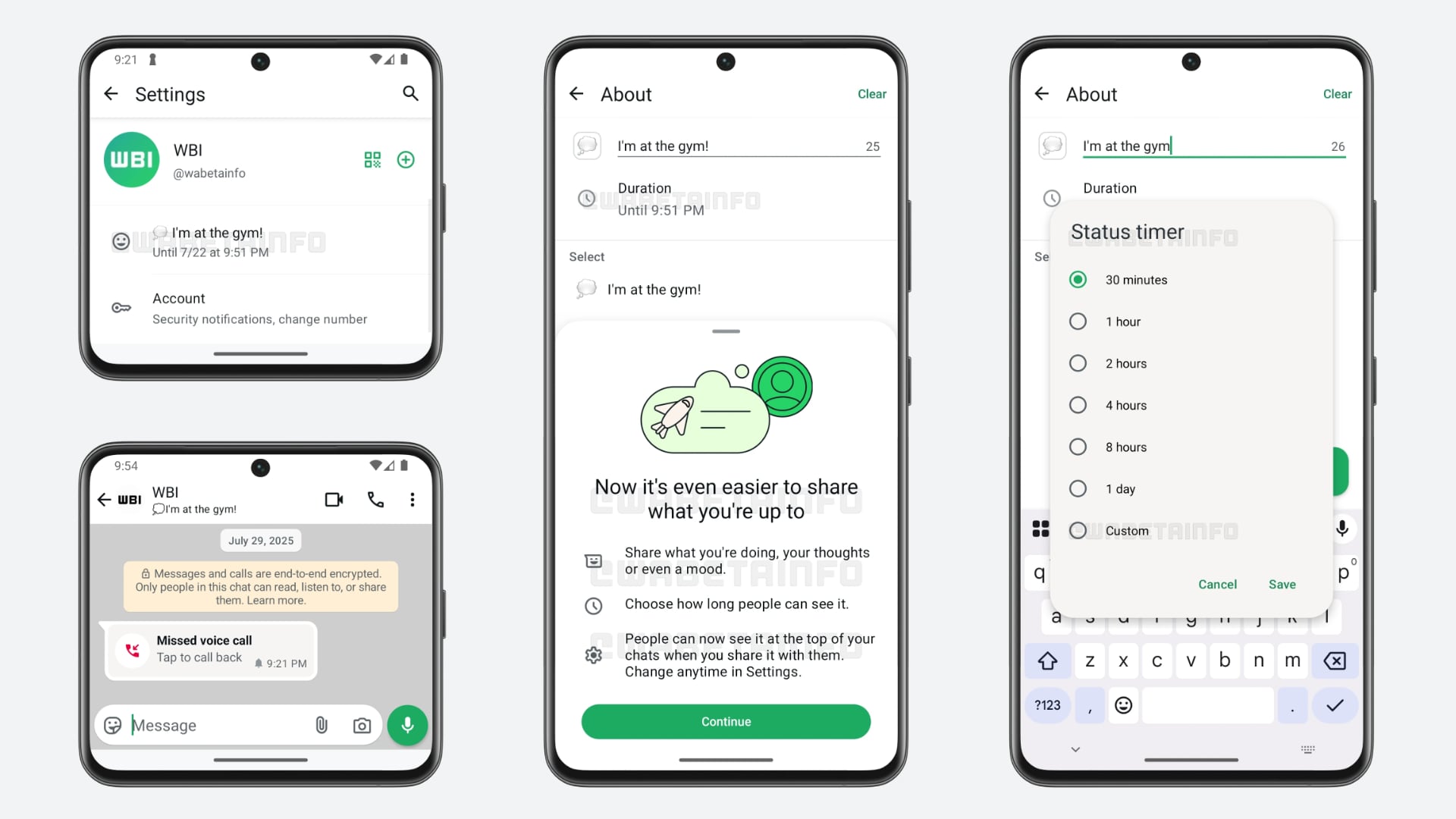 WhatsApp für Android präsentieren Verschwindenstatusoptionen.