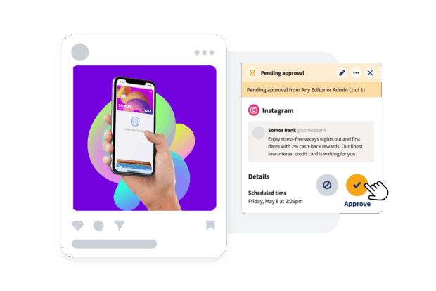 llustration zeigt einen geplanten Workflow für Instagram -Post -Genehmigung. Auf der linken Seite zeigt ein Scheininstagram -Post eine Hand, die ein Telefon mit einer Somos Bank -Visa -Karte in einer mobilen Brieftasche hält. Auf der rechten Seite zeigt ein Genehmigungsgremium die Post-Bildunterschrift an, in der 2% Cash-Back-Belohnungen beauftragt wurden. Die geplante Zeit und eine Schaltfläche