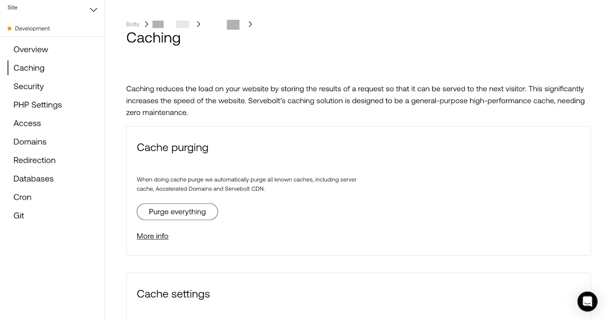 Die SideBolt Dashboard -Seitenleiste zeigt Caching -Optionen auf der Hauptseite.