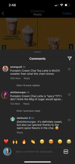 Réponse à un commentaire Instagram de Starbucks Bedenken Le Kürbiscreme Chai Tee Latte