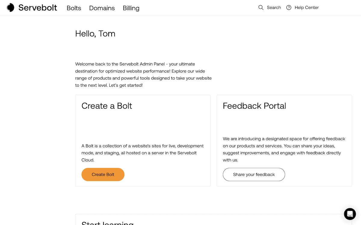 Erstellen eines Bolzens im Dashboard von Servebolt.