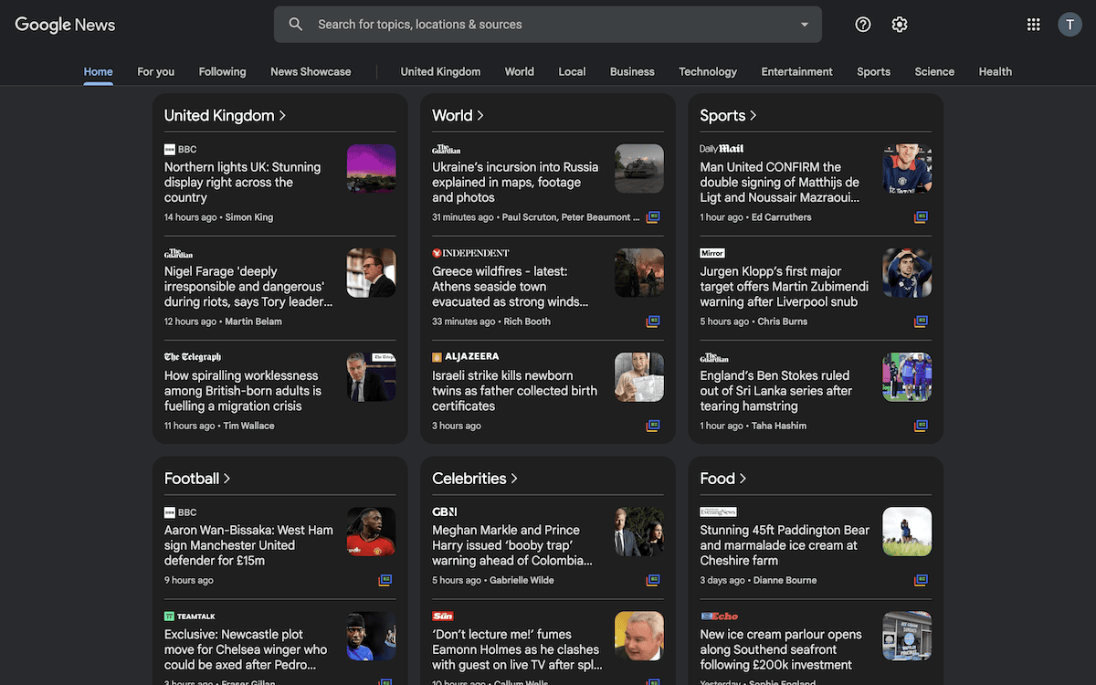 Das Dashboard von Google News.