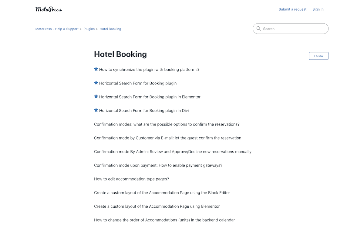 Die Help Center -Dokumentation für die Hotelbuchung.