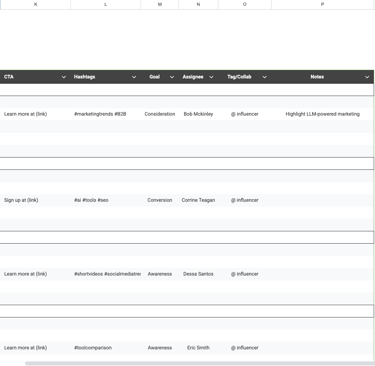 IG Content Planner: Fill out columns including CTA