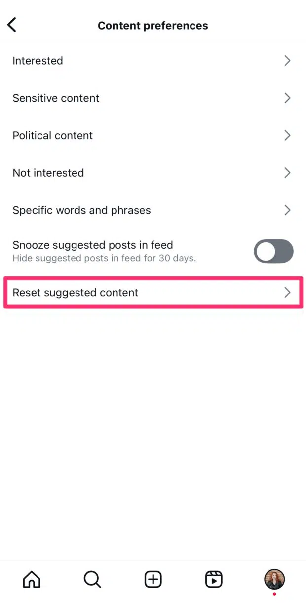 Inhaltseinstellungen Reset vorgeschlagene Inhalte