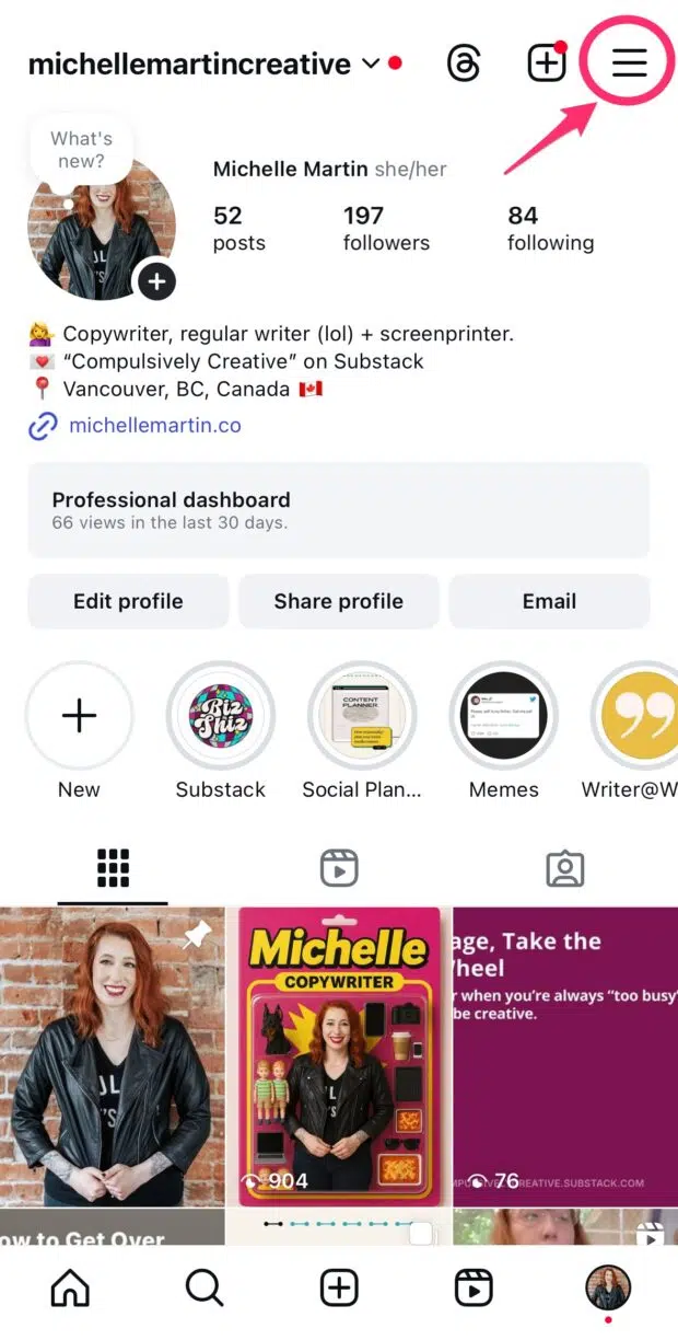 Einstellungsmenü Symbol oben rechts Ecke der Instagram -Profilseite