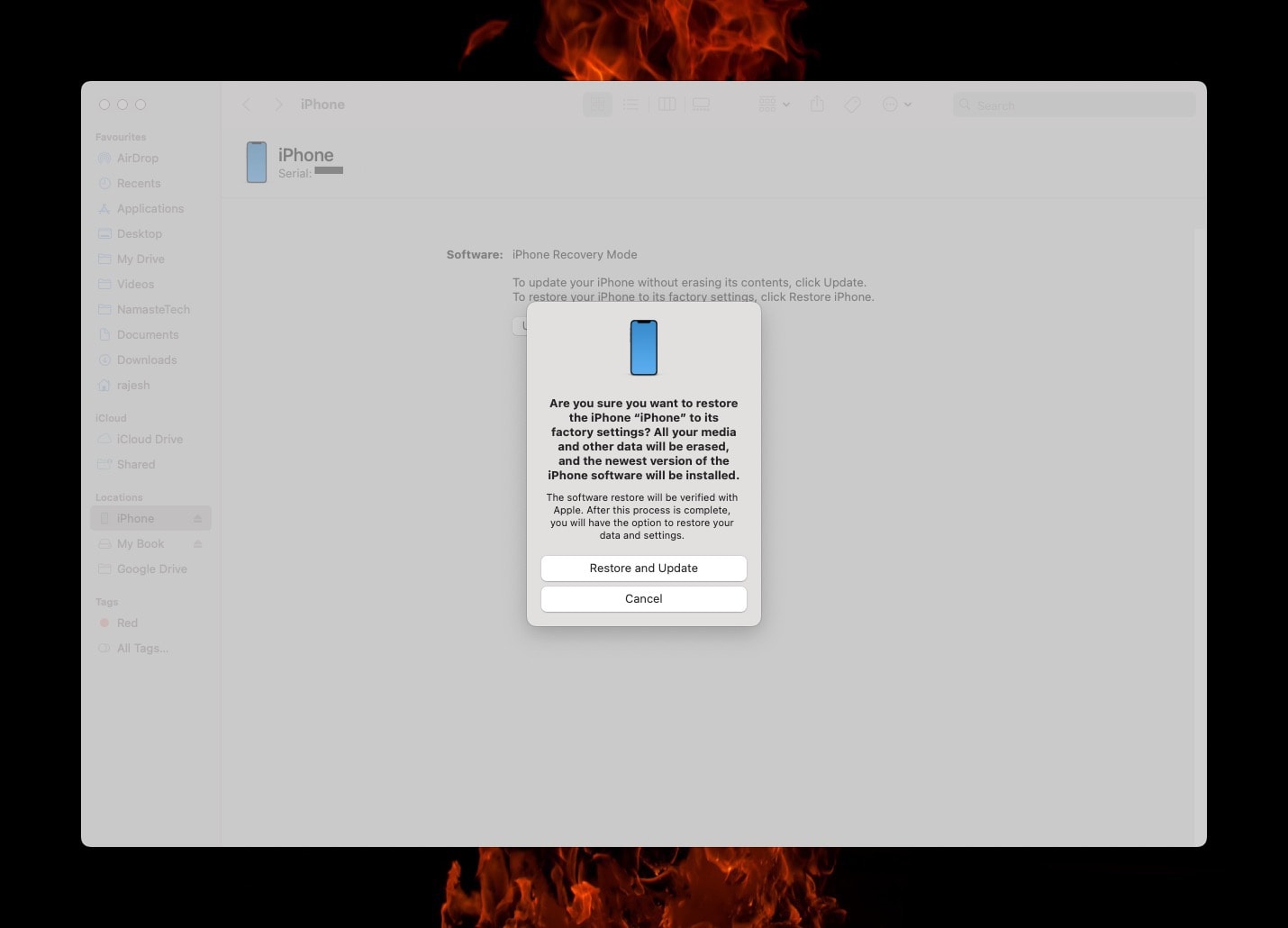 MAC -Screenshot zeigen, wie das iPhone in den Wiederherstellungsmodus eingestuft wird, damit Sie iOS Beta entfernen können