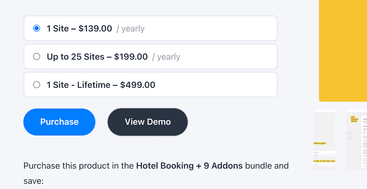 Die Motopress Hotel Booking Pricing -Seite mit jährlichen und lebenslangen Optionen.