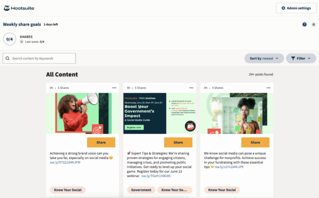 Ein Hootsuite -Dashboard zeigt, wie Social -Media -Inhalte mit drei Postbeispielen und Schlagzeilen wie möglich geteilt werden sollen