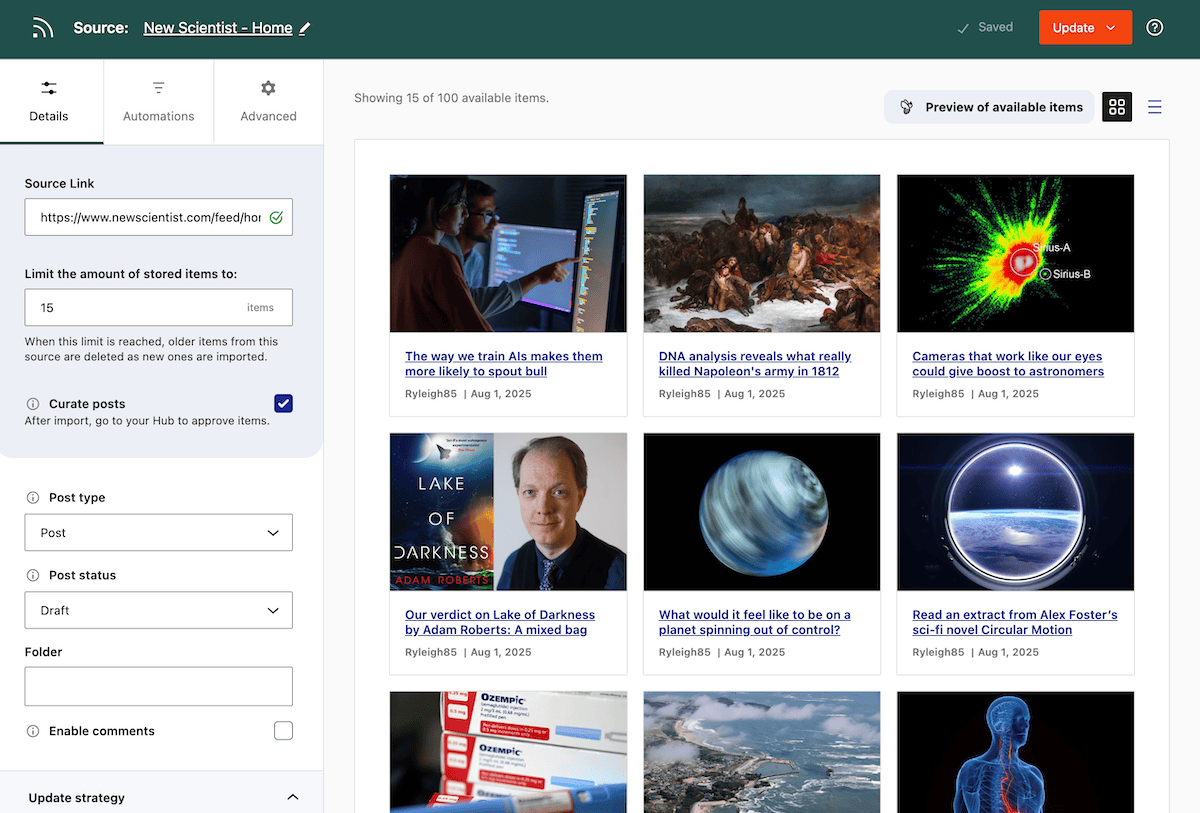 Der Quell -Dashboard -Bildschirm innerhalb des Aggregators.