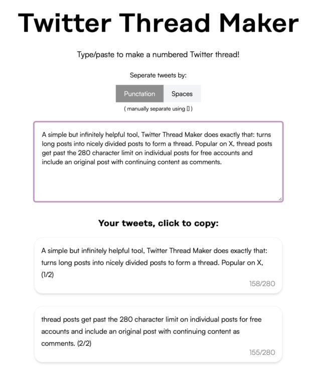 Twitter -Threadhersteller Klicken Sie Klicken, um geteilte Tweets zu kopieren