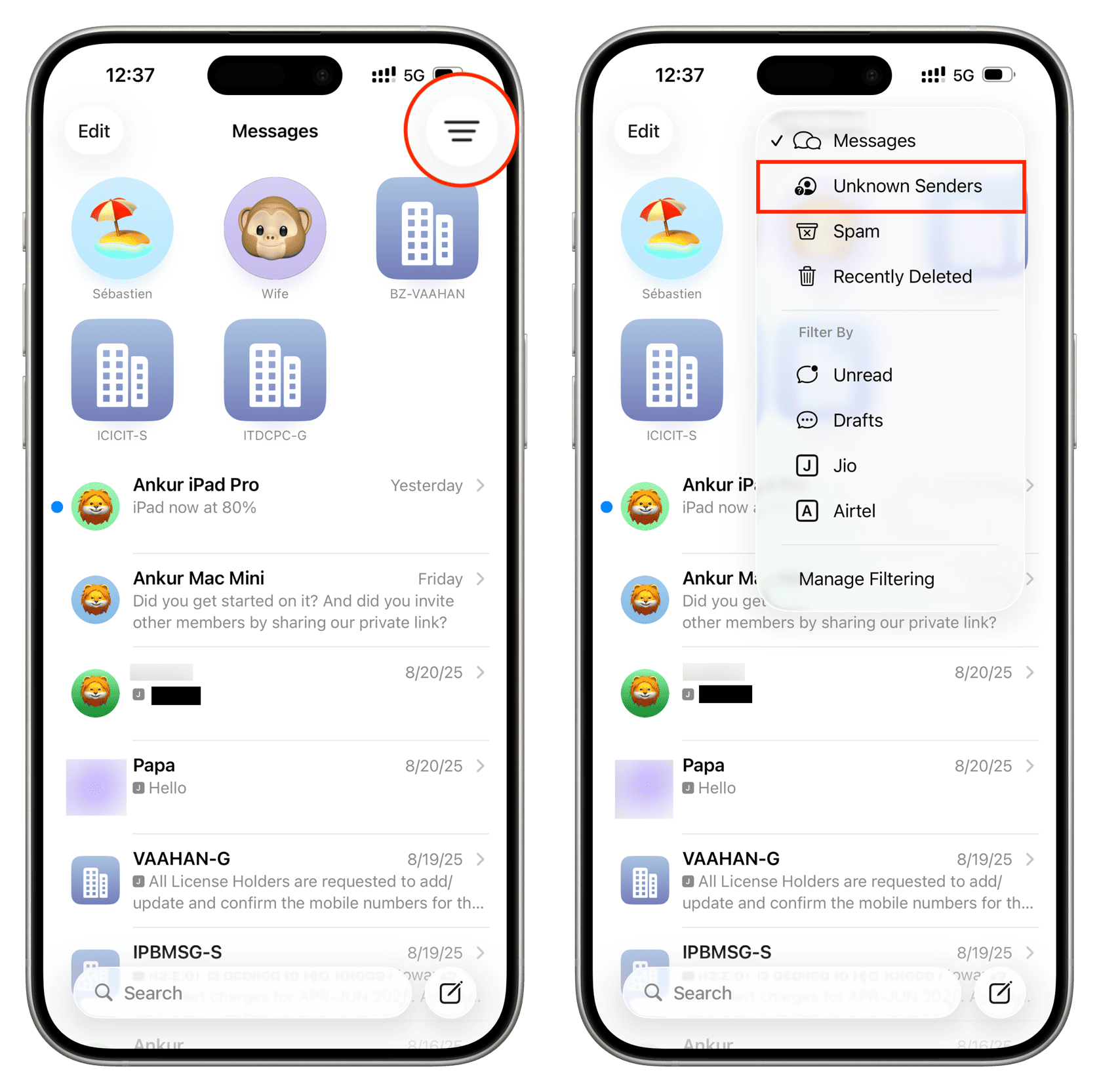 Accessing texts from Unknown Senders in Messages app on iPhone