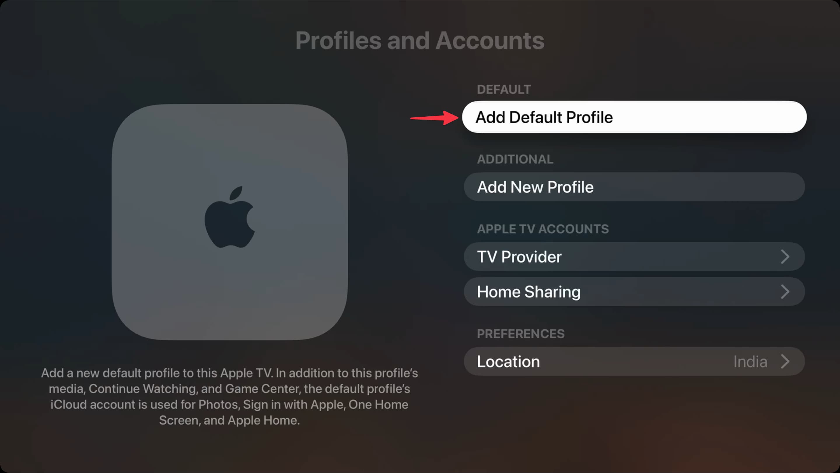 Fügen Sie das Standardprofil auf Apple TV hinzu