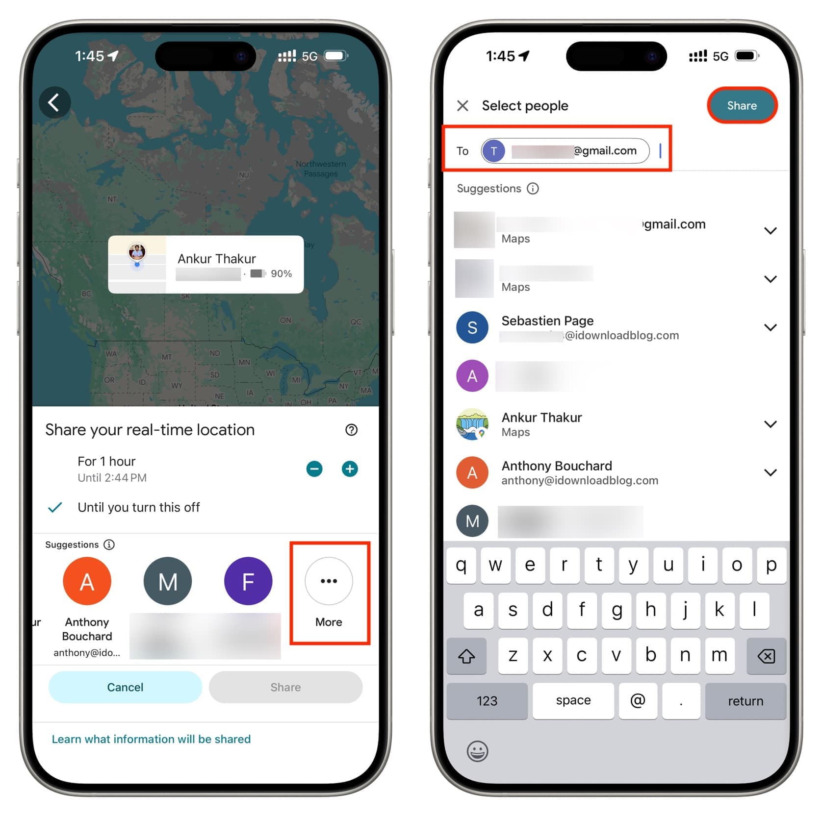 Hinzufügen von Person, um Google Maps -Standort auf dem iPhone zu teilen