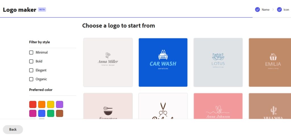 Screenshot von Logo.com Editor zeigt AI -Logo -Generator -Vorlagen für den Namen FirstSteguide mit mehreren modernen Logo -Variationen und Anpassungswerkzeugen in der Seitenleiste.