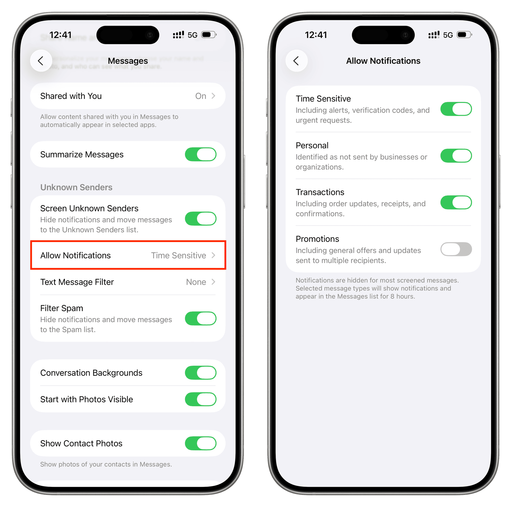 Allow Notifications from certain unknown senders on iPhone