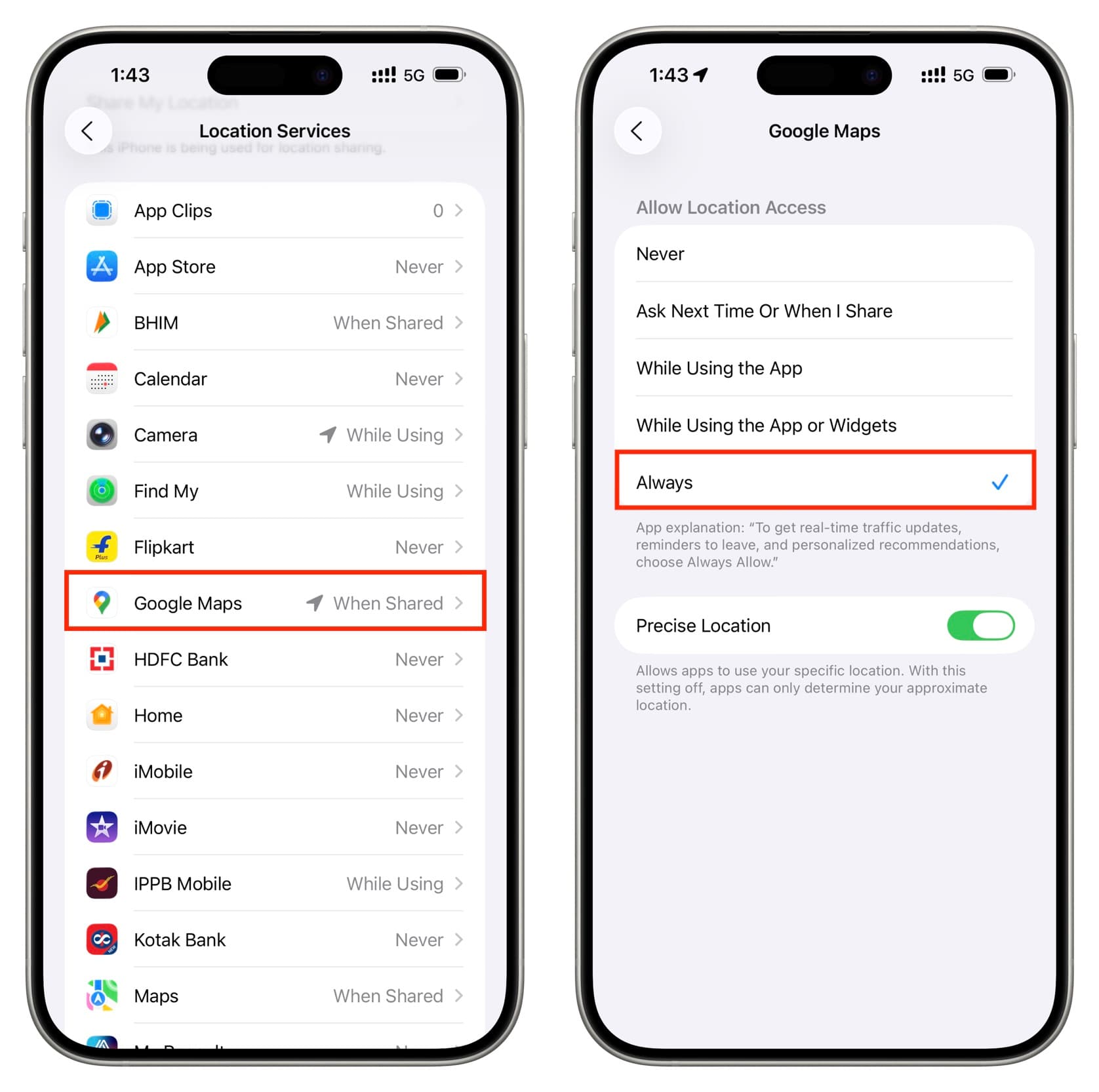 Erlauben Sie Google Maps auf dem iPhone, immer auf den Standort zugreifen zu können