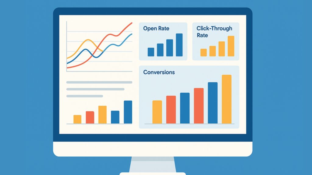 Das Analytics -Dashboard zeigt E -Mail -Öffnungsraten an, klicken Sie durch die Preise und führen Sie Conversions zur Optimierung durch.