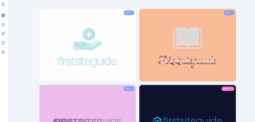 Screenshot von Brandmark.io AI-Logo-Generator-Schnittstelle mit mehreren Logo-Variationen für den Namen FirstSteguide, einschließlich moderner Symbole, textbasierten Stile und Farboptionen für eine einfache Anpassung.