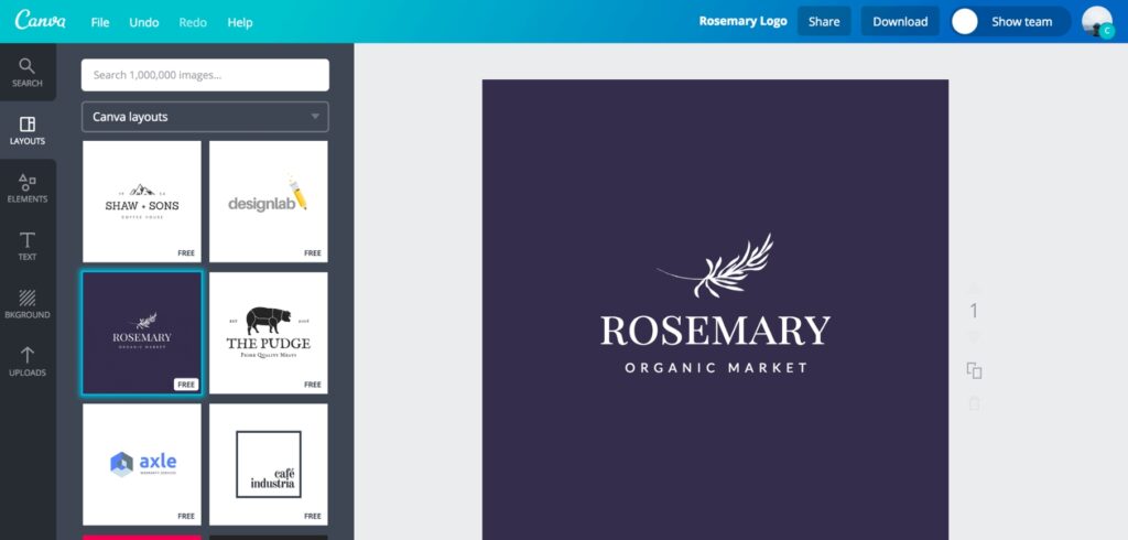 Screenshot von Canvas Logo -Editor -Schnittstelle mit AI -Logo -Generator -Vorlagen mit dem ausgewählten Design