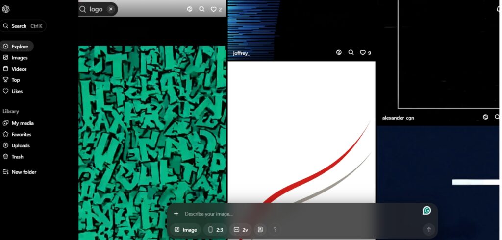 Screenshot von Chatgpt und Sora Interface Erkundung kreativer Logoergebnisse, die die kreativen Kunst der grünen Typografie und ein minimalistisches rotes und grau gebogenes Design zeigen und hervorheben, wie AI-Logo-Generatoren einzigartige visuelle Konzepte erzeugen können.