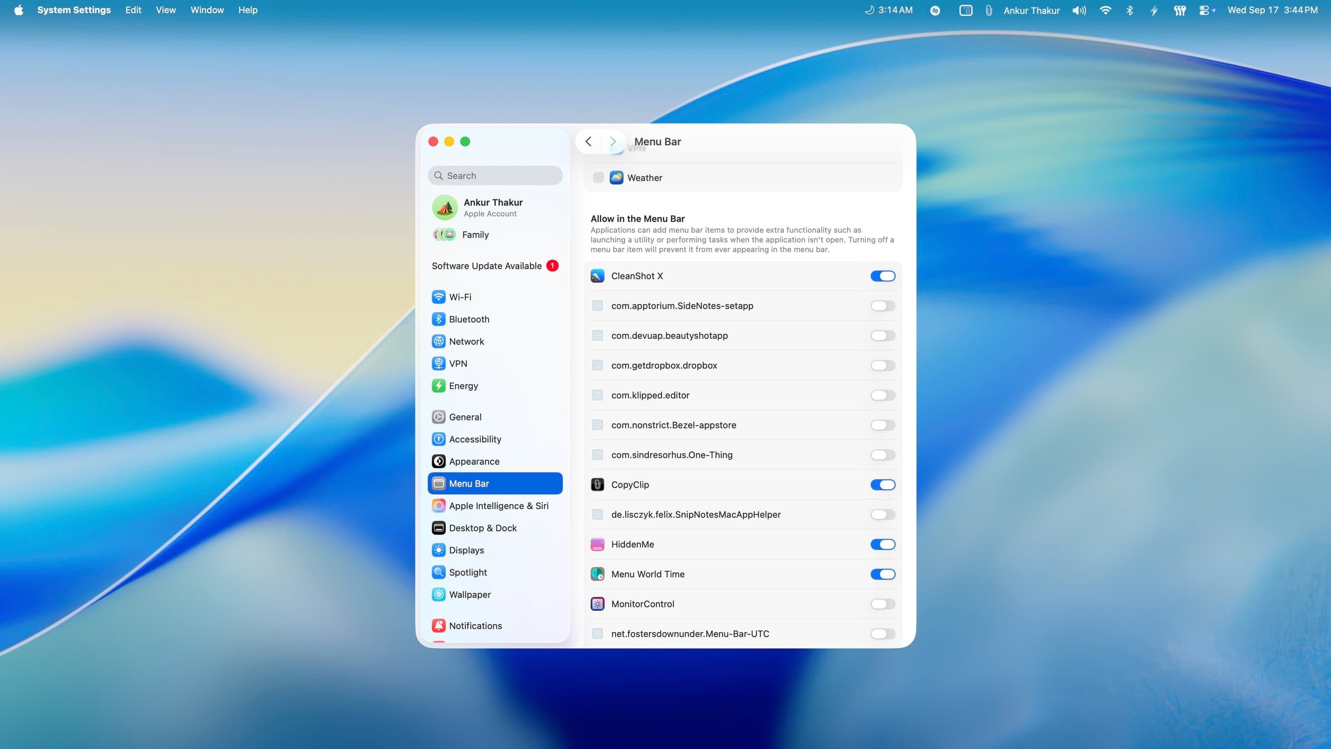 Wählen Sie aus, welche Apps in der Mac -Menüleiste angezeigt werden können