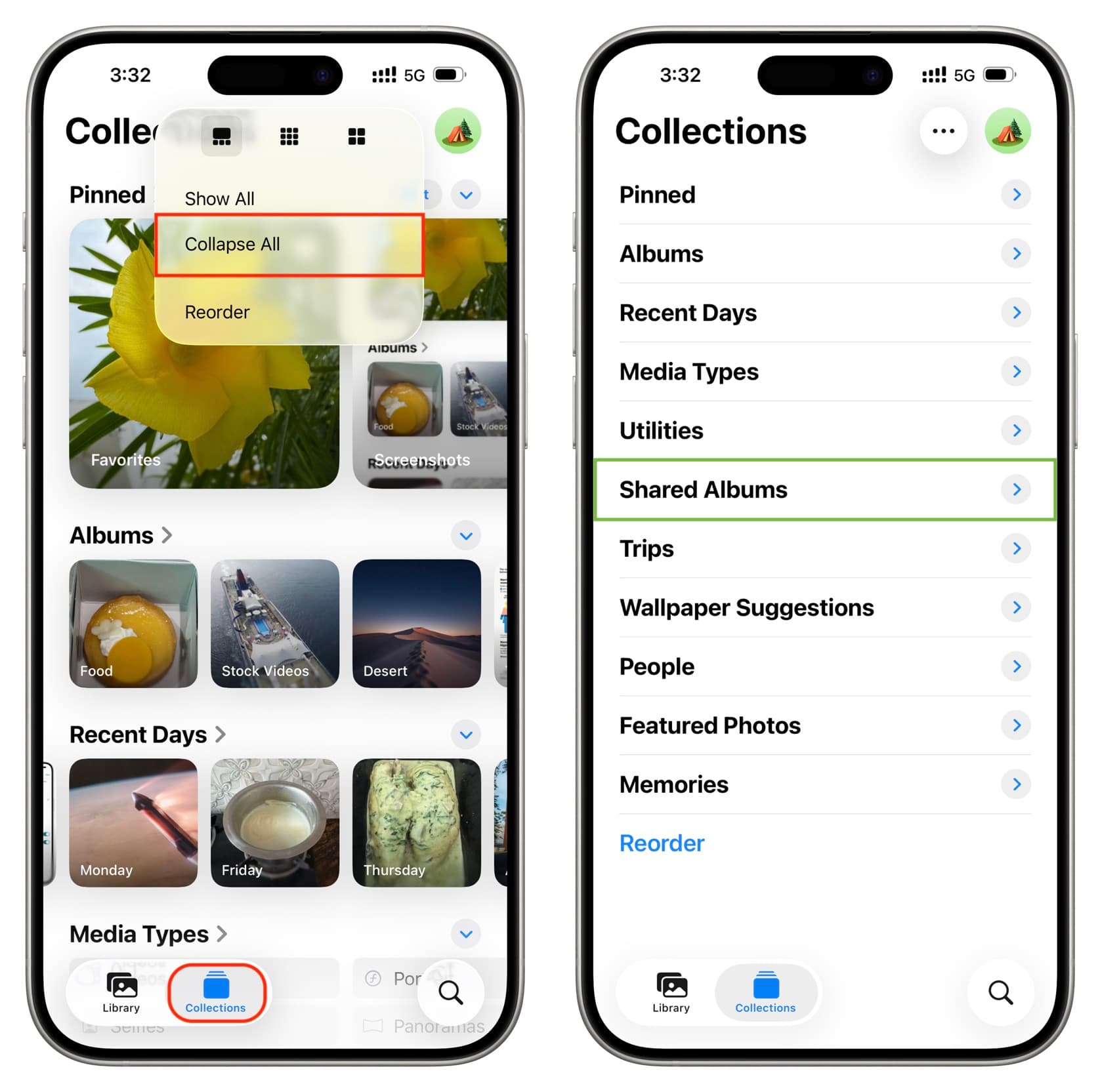 Zusammenbruch aller Abschnitte der iPhone -Fotos -App, um gemeinsam genutzte Alben zu finden
