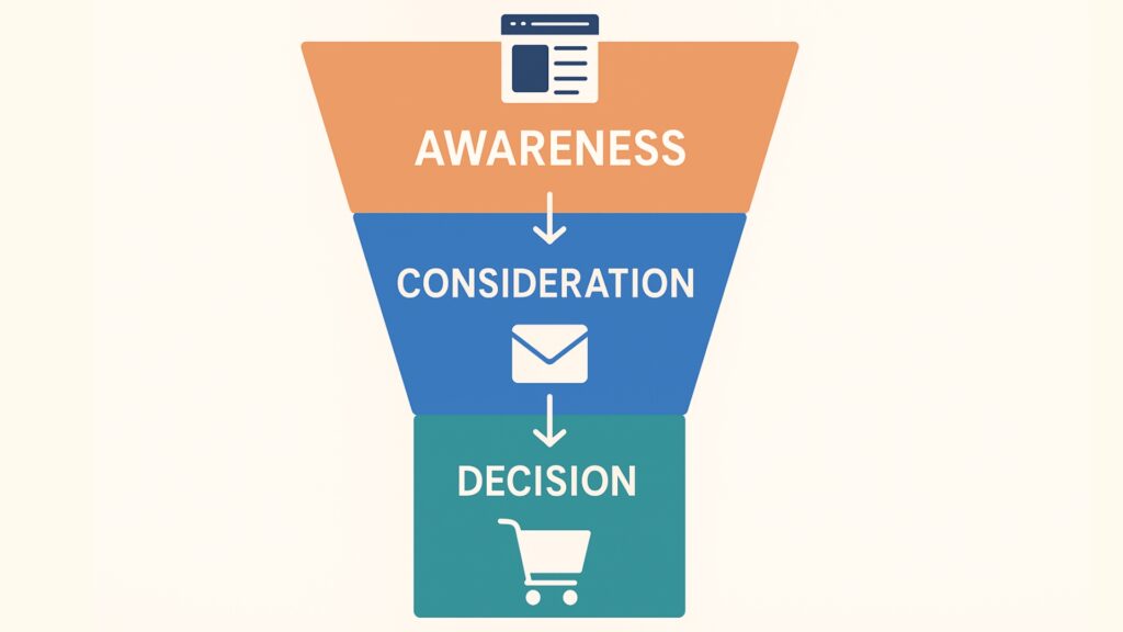 Content -Marketing -Automatisierungstrichter zeigt Bewusstsein, Berücksichtigung und Entscheidungsphasen mit verwandten Symbolen.