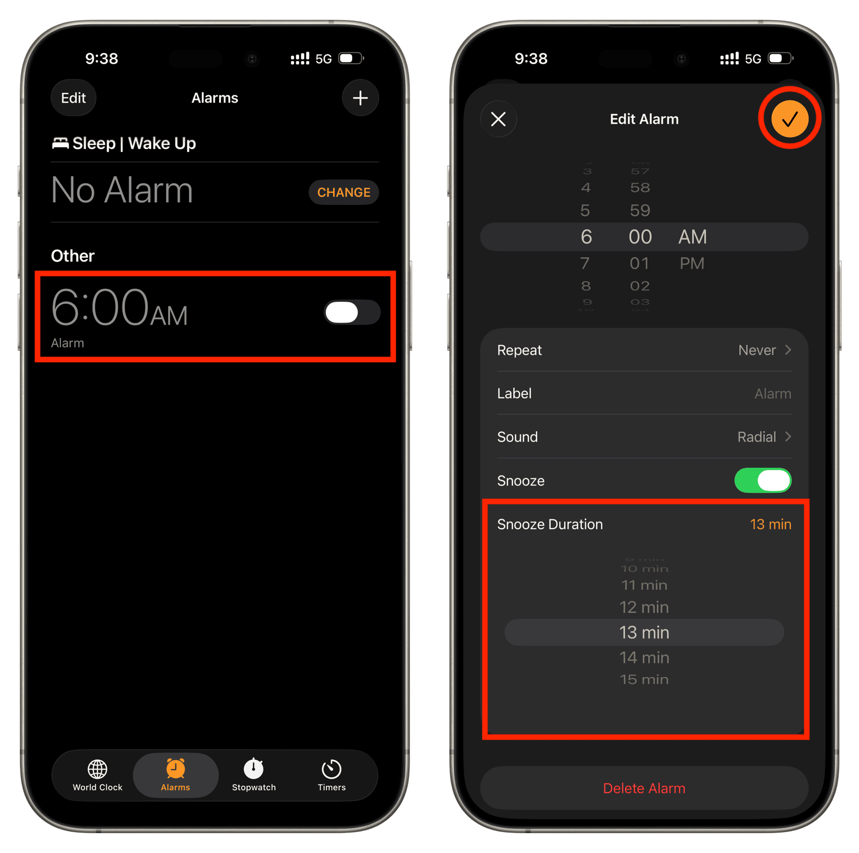 Benutzerdefinierte Snooze -Dauer für Alarm auf dem iPhone