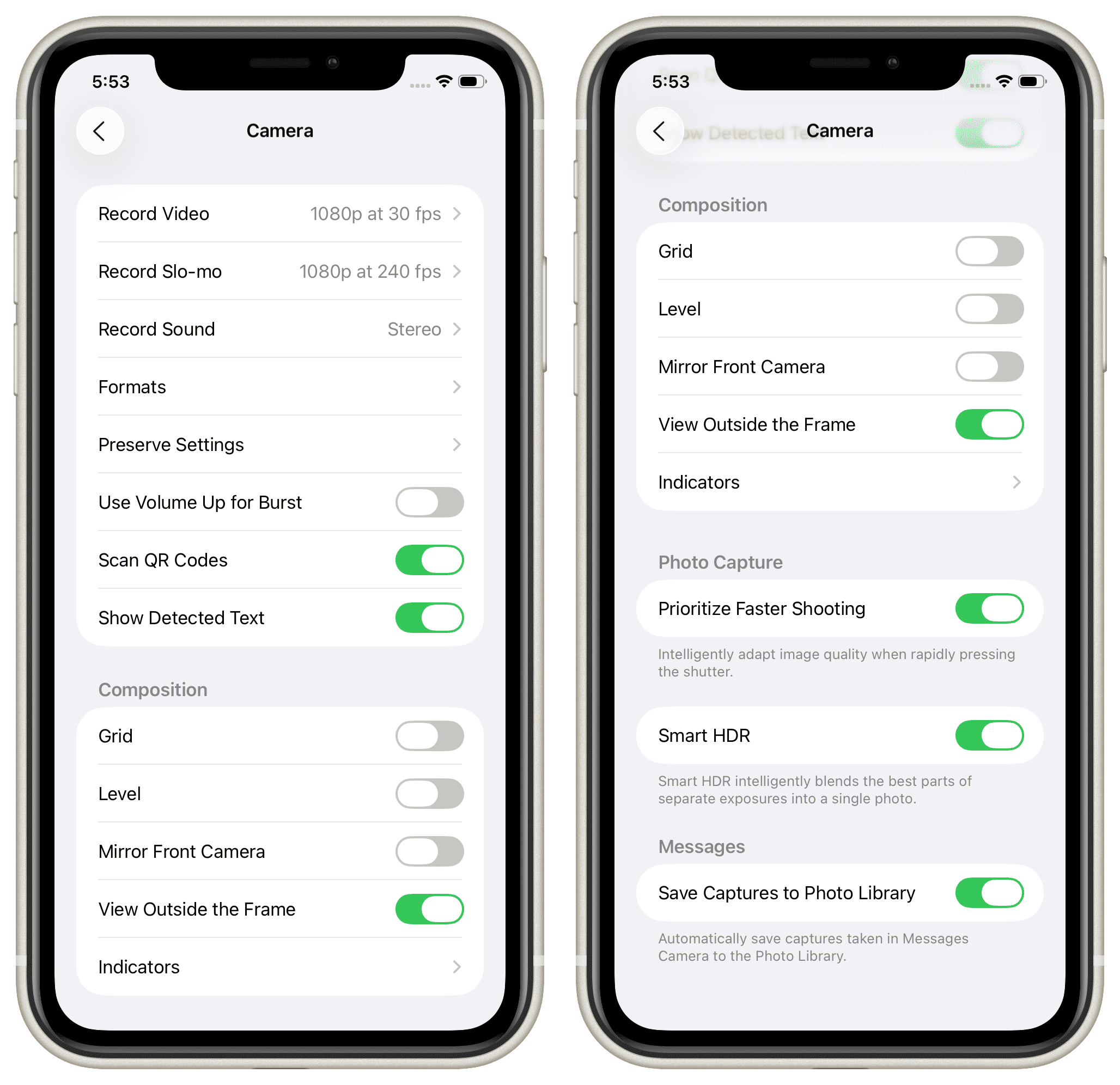 Standardkameraeinstellungen auf dem iPhone