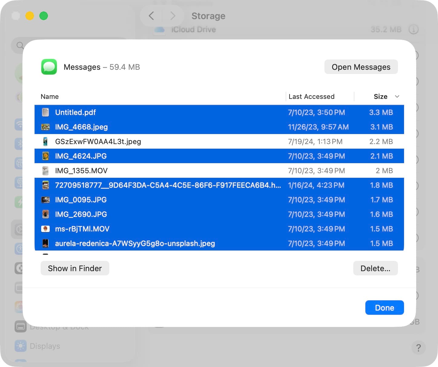 Deleting Message app attachments from Mac storage settings