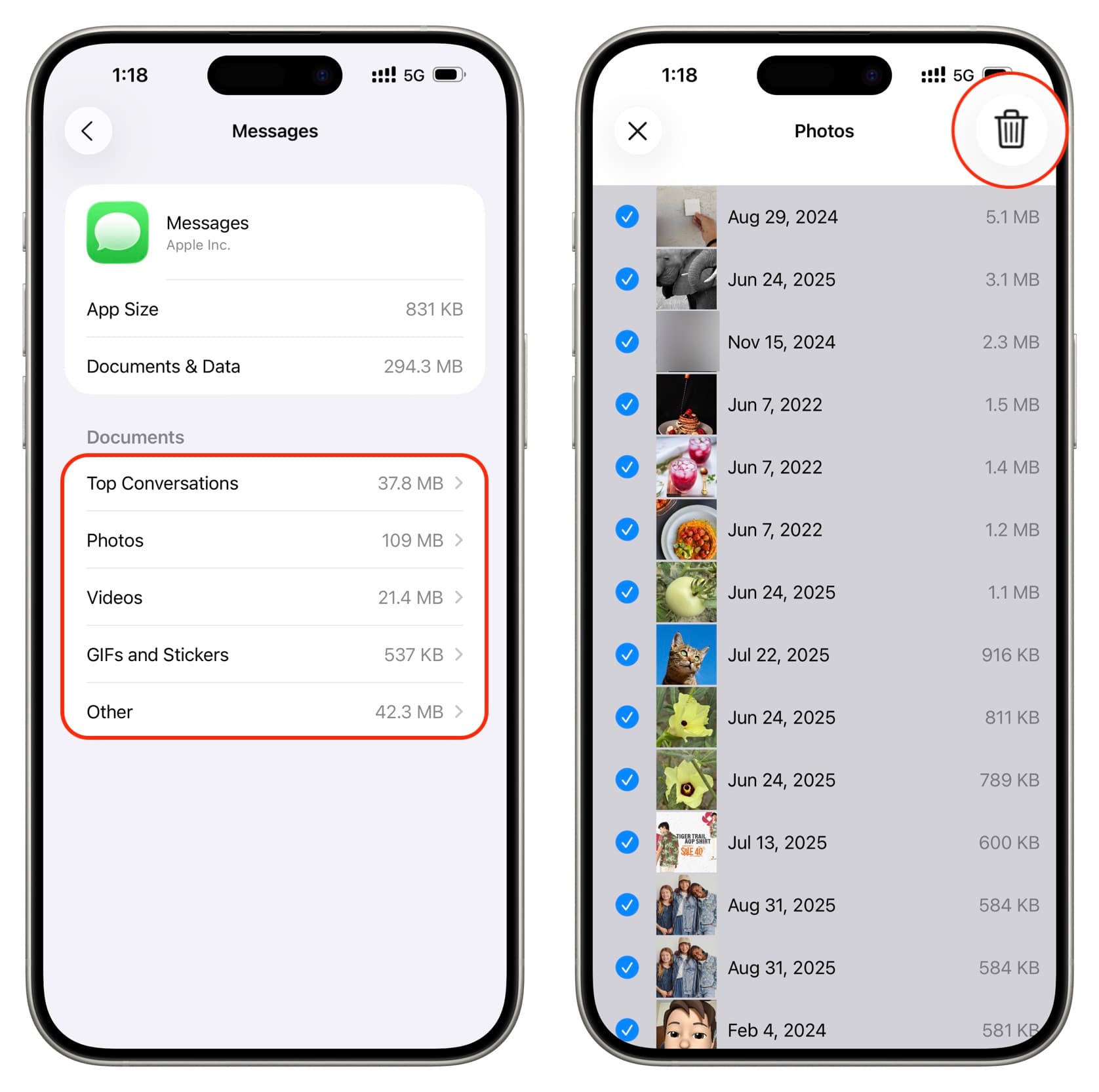 Deleting files from iPhone Messages app storage settings