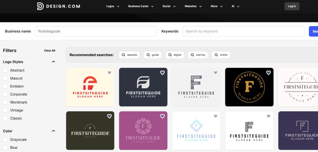 Screenshot von Design.com Logo Maker-Schnittstelle mit AI-generierten Logo-Optionen für den Firmennamen 'FirstSteguide' mit Filtern für Logo-Stile und Farben auf der linken und mehreren modernen Logo-Designs, die in einem Raster angezeigt werden.