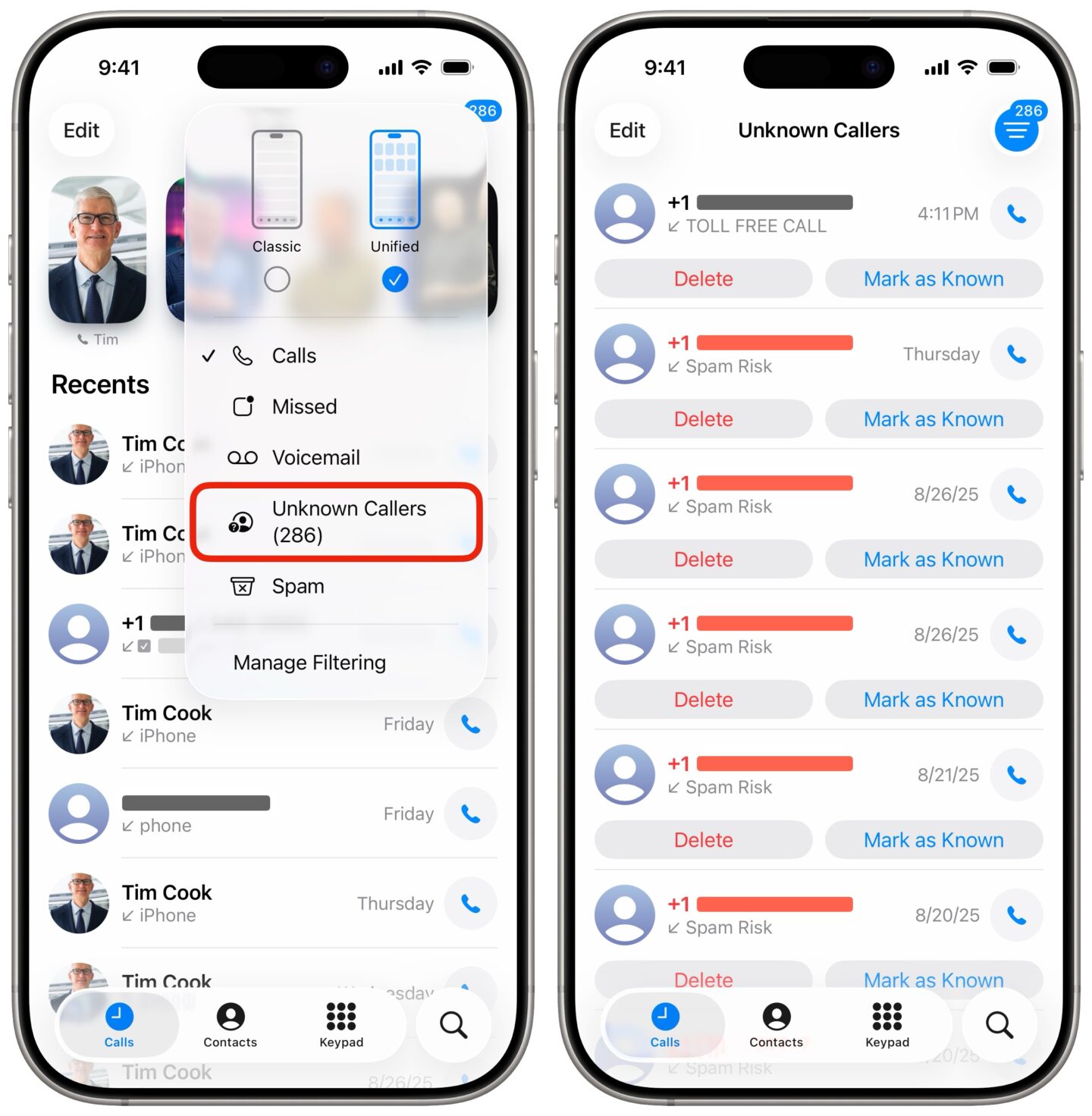 Gefilterte unbekannte Anrufer iPhone -Screenshots zeigen die Anrufe von unbekannten Nummern in der neuen Telefon -App in iOS 26 an