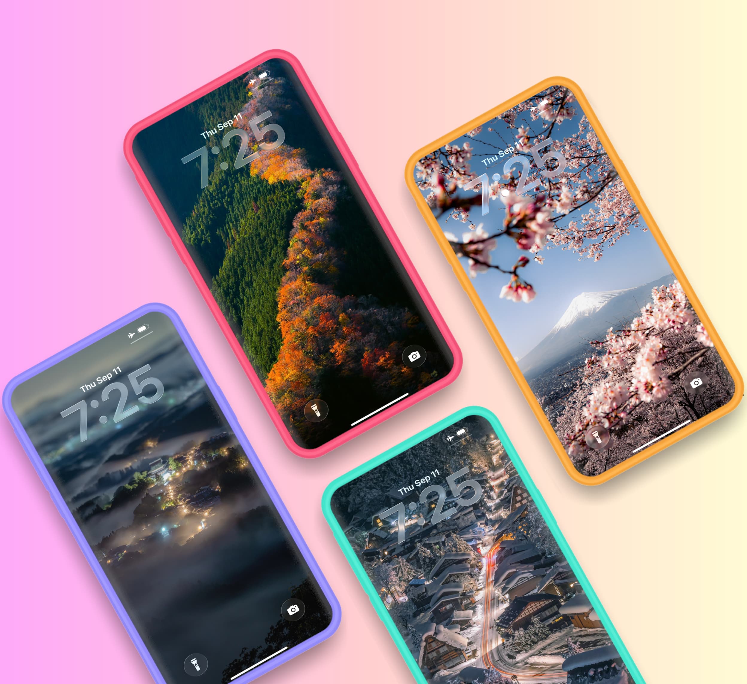 Vier Smartphone -Mockups, die vier Spielzeiten in Japan präsentieren