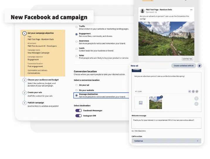 Ein Screenshot, in dem die Schritte für eine neue Facebook -Werbekampagne in Hootsuite beschrieben werden, einschließlich Kampagnenziel-, Publikums-, Budget- und Werbeinhalteerstellung und den neuesten Hootsuite -Produktfunktionen für Werbung.
