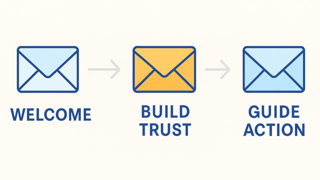 Illustration einer automatisierten Begrüßungs -E -Mail -Sequenz, die neue Abonnenten zur Konvertierung führt.