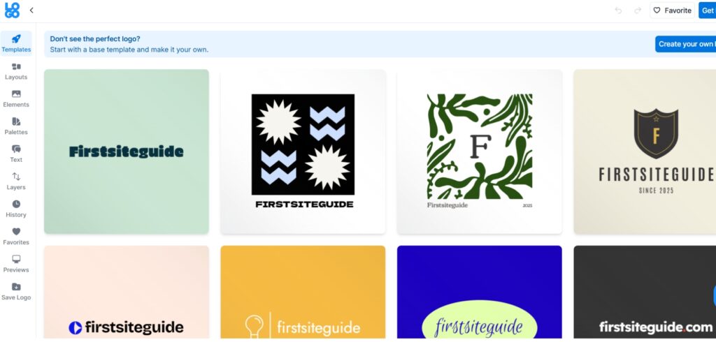 Screenshot von Logo.com AI-Logo-Generator zeigt mehrere kreative Logo-Optionen für den Namen FirstSteguide mit modernen Vorlagen, Symbolen und textbasierten Designs, die in einem Raster für eine einfache Anpassung angezeigt werden.