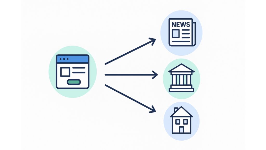 Lokale Backlink -Strategie -Illustration mit Community -Websites, Zeitungen und Handelskammern, die auf eine Unternehmensseite verlinken.