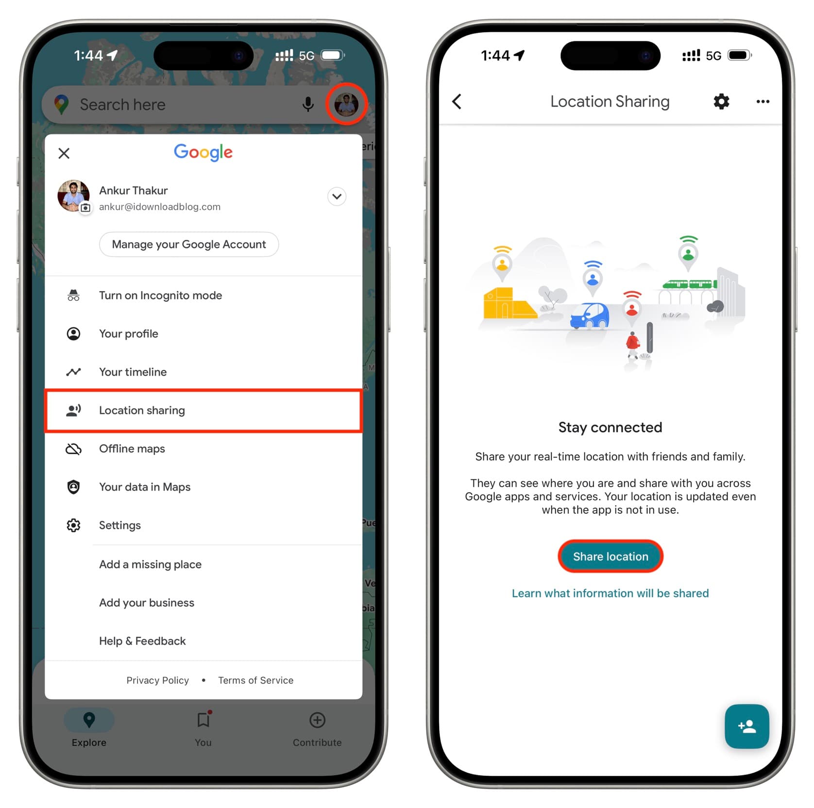 Standortfreigabe in Google Maps auf dem iPhone
