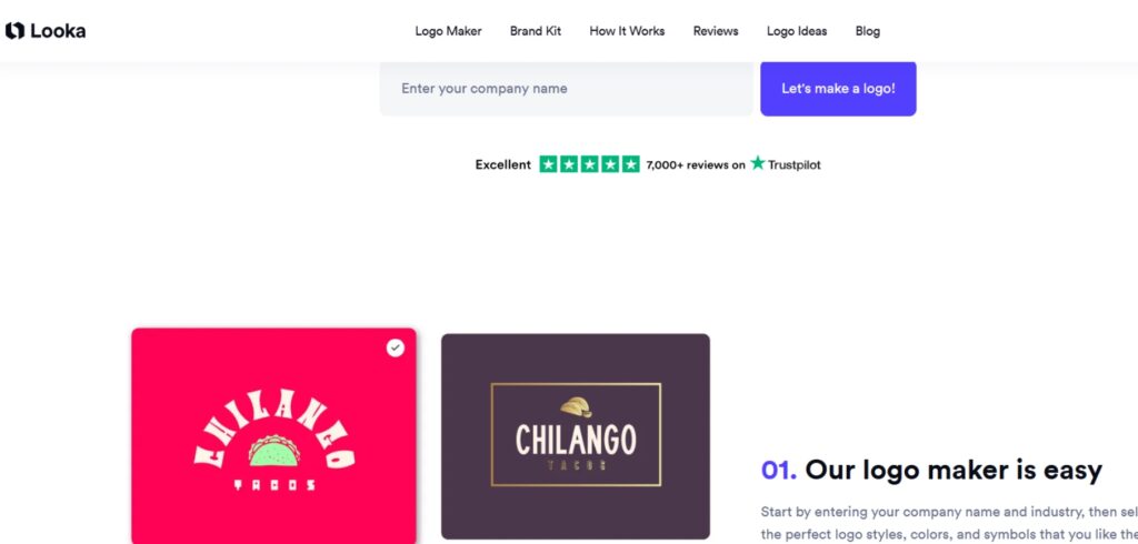 Screenshot von Lookas AI-Logo-Generator-Schnittstelle mit Beispielen des TACO-Shop-Logos mit einem Eingabefeld zum Eingeben eines Firmennamens und einer Call-to-Action-Schaltfläche zum Erstellen von Logos.