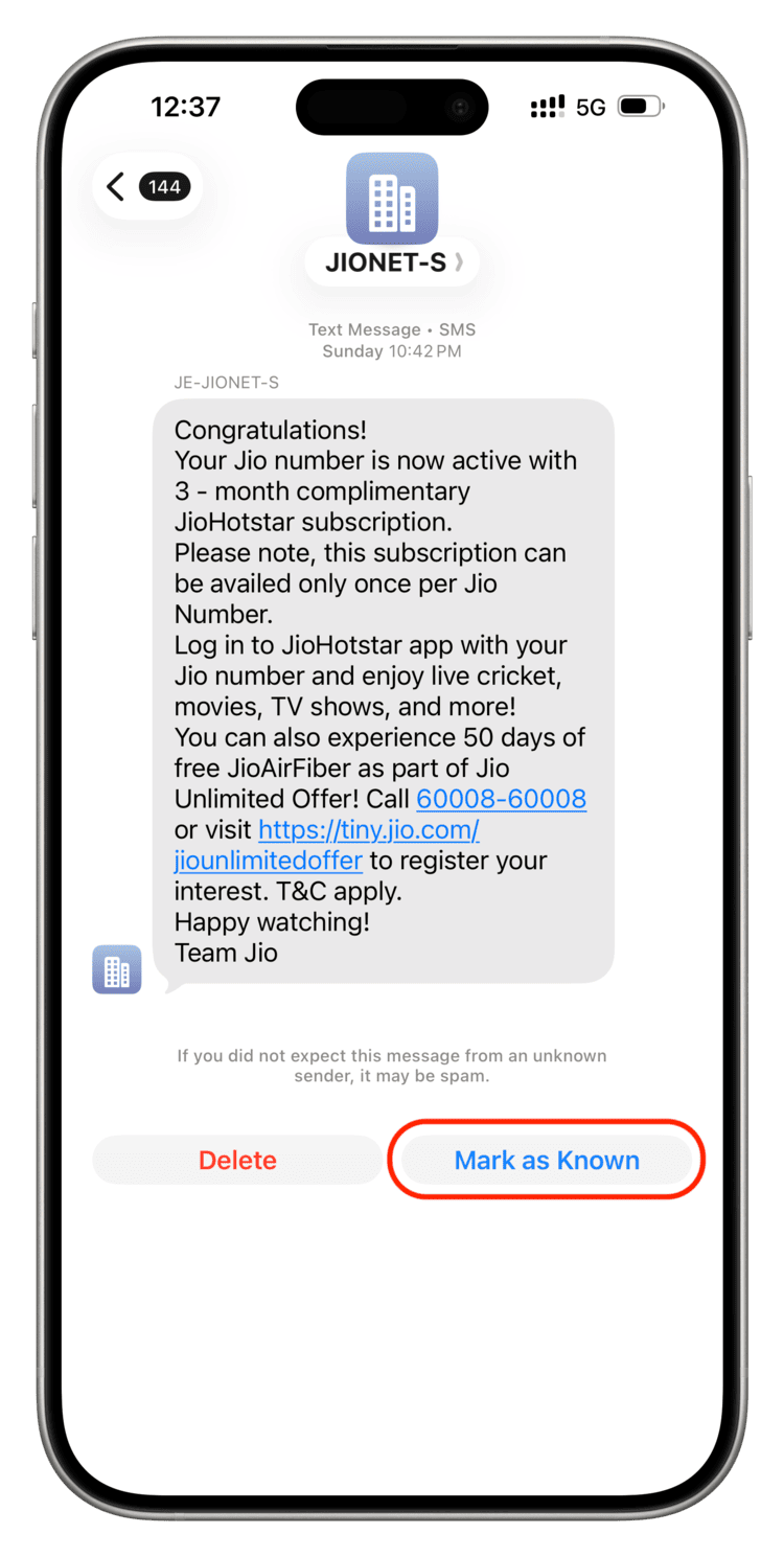 Marking a message as known on iPhone