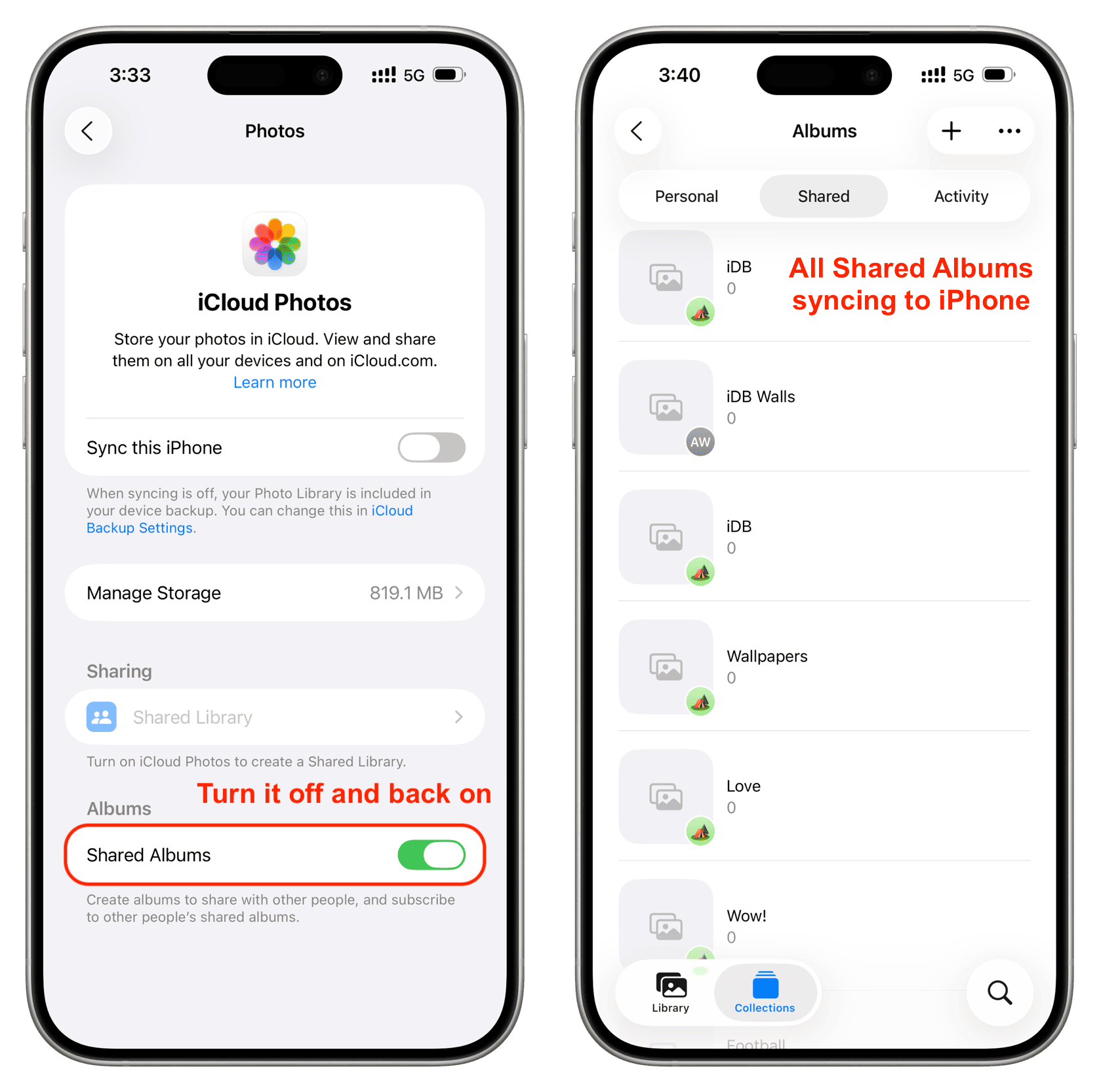 Aktualisieren Sie gemeinsam genutzte Alben, um alle Alben in der iPhone -Fotos zu sehen