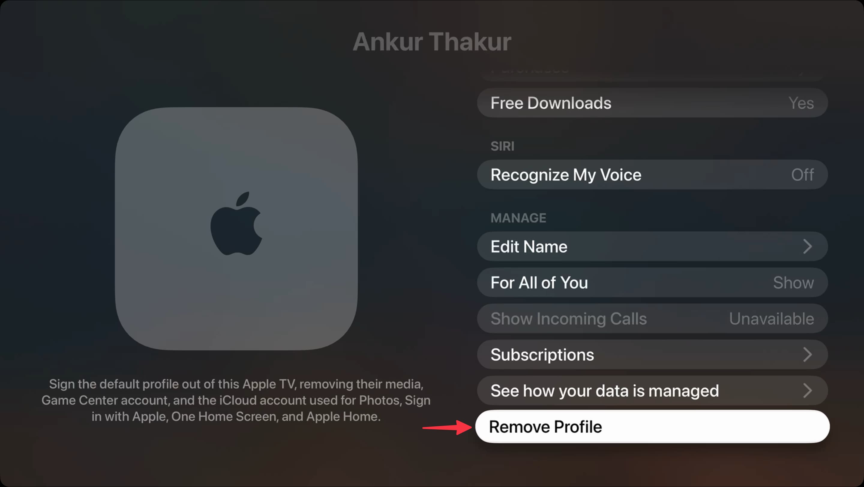 Entfernen Sie das Profil von Apple TV
