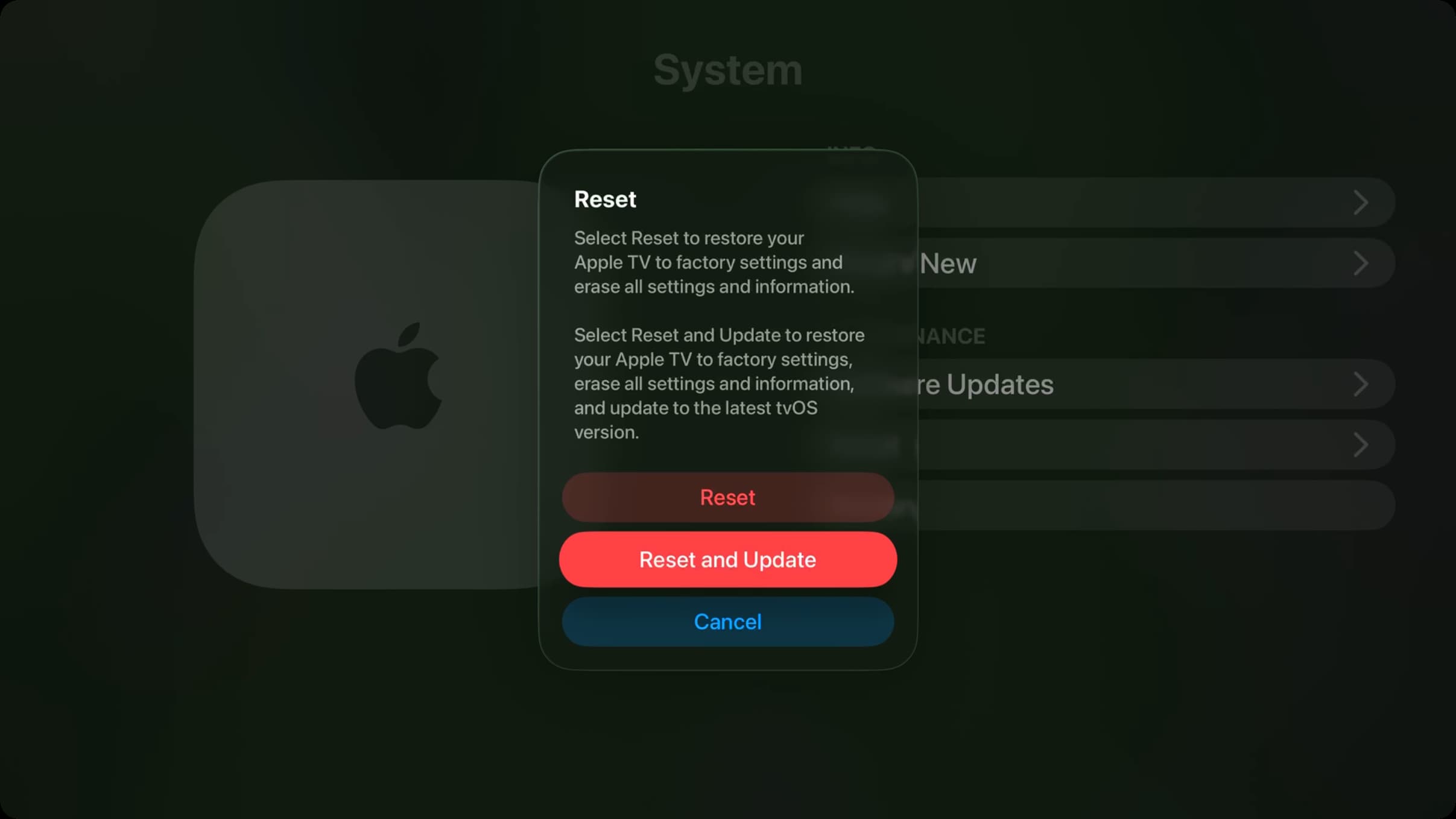 Zurücksetzen von Apple TV aus TVOS -Einstellungen