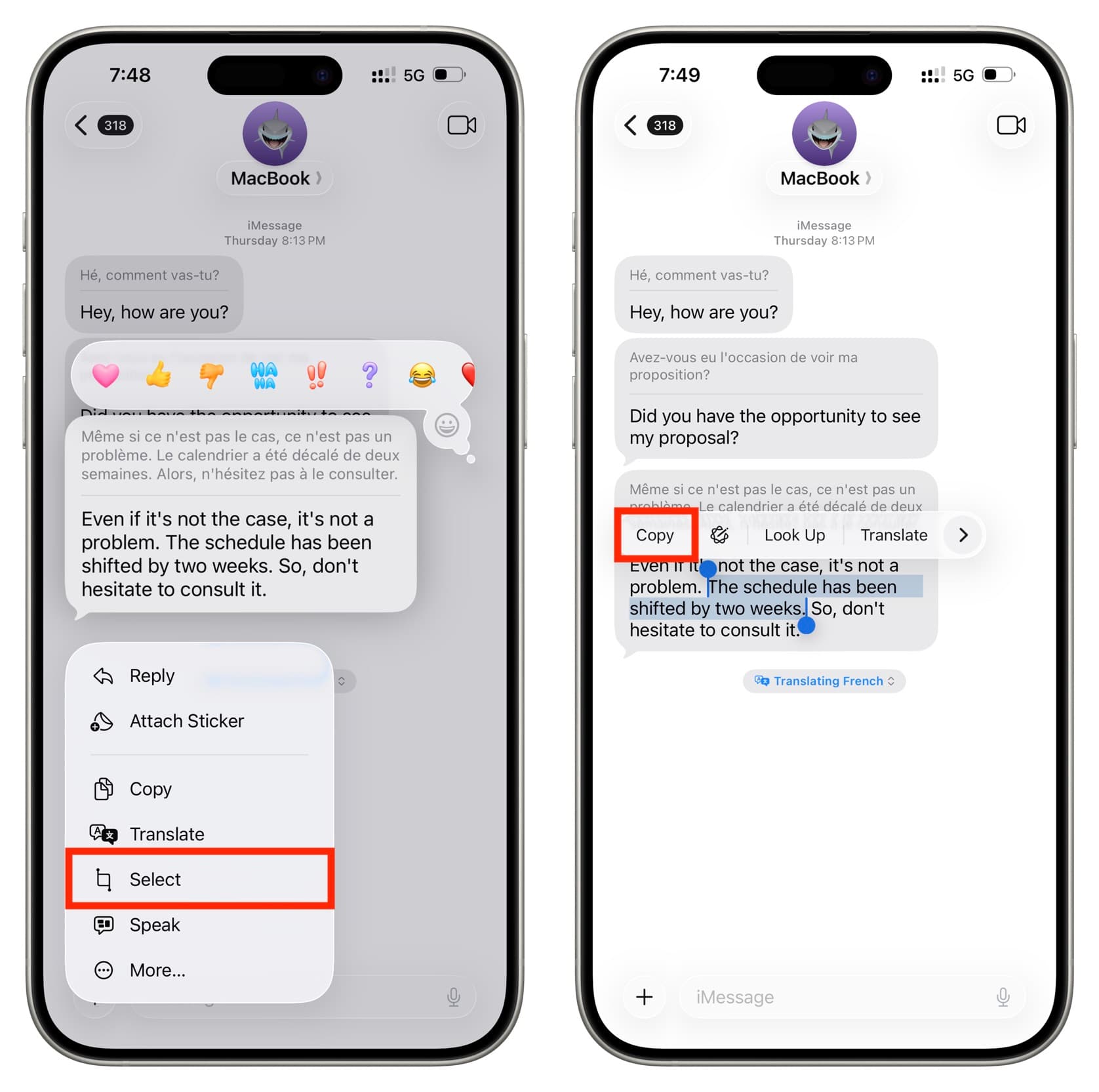 Auswählen eines bestimmten Teils einer Nachricht auf dem iPhone