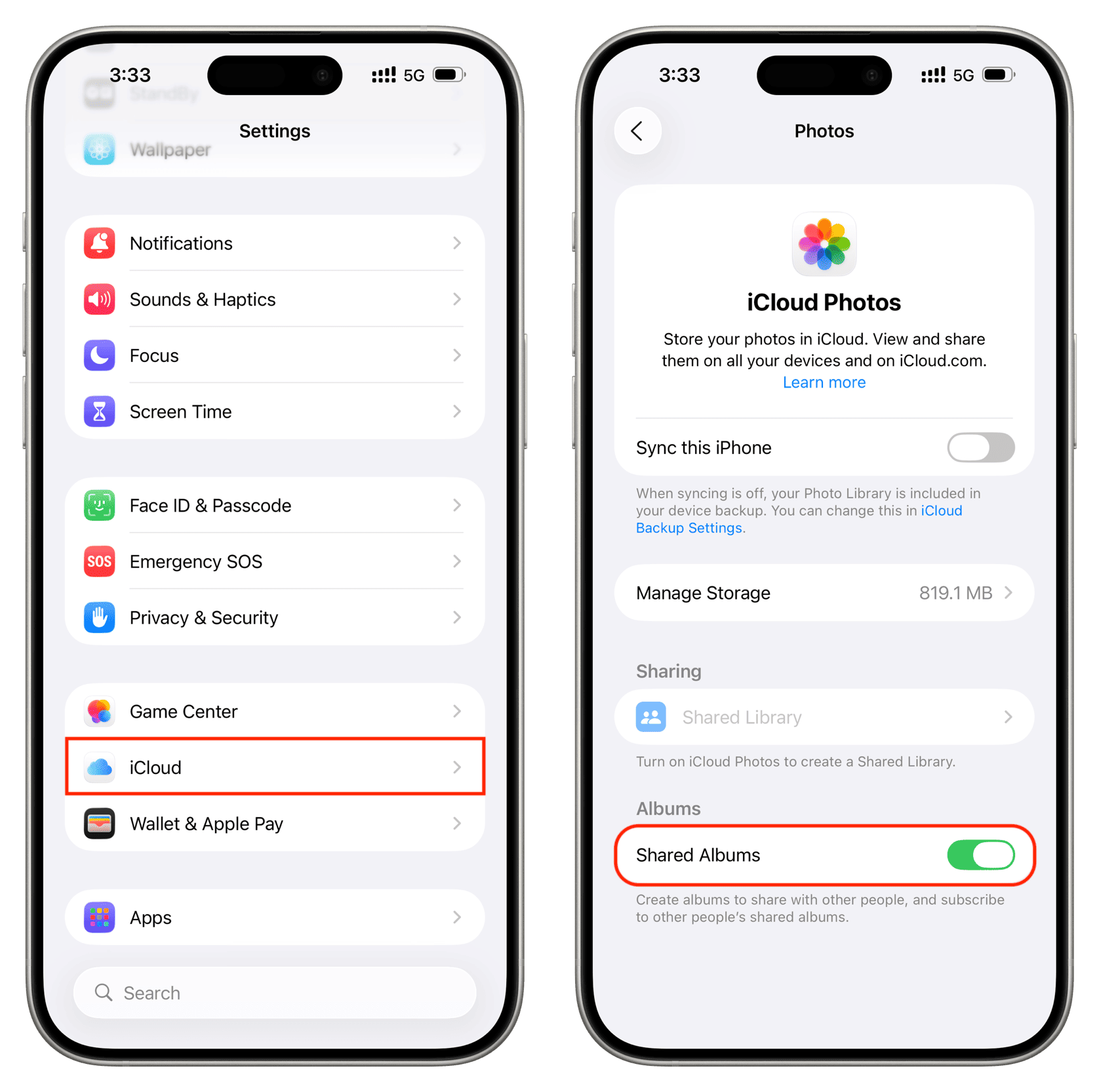 Shared Album aktiviert in iPhone iCloud Fotos Einstellungen